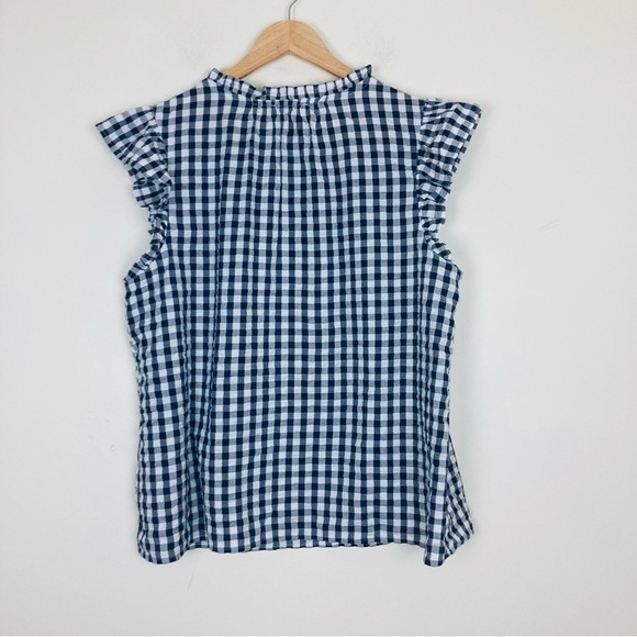 Vineyard Vines blue and white checked plaid blouse with ruffle cap sleeves. L - Picture 3 of 7